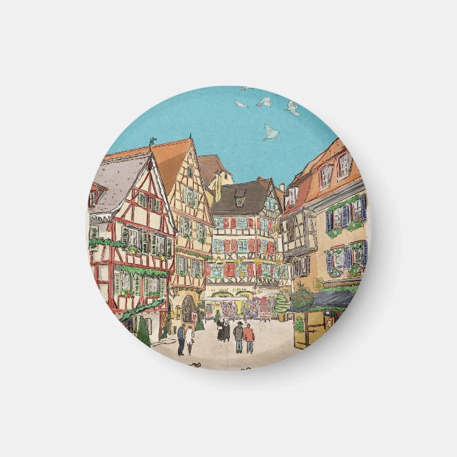 Julmarknaden Strasbourg Frankrike Retro-inspirerad Magnet (Framsidan)
