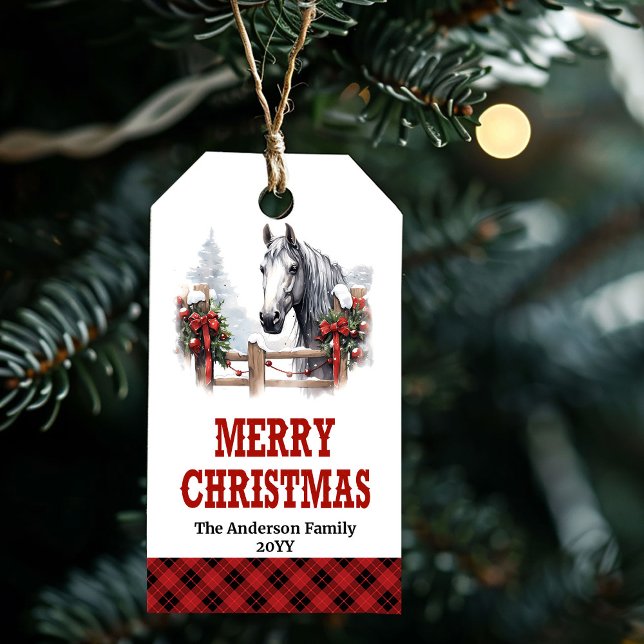 Julmarkör med hästdroska i rött och grönt presentetikett (Ranch Christmas tag with horse carriage red green)