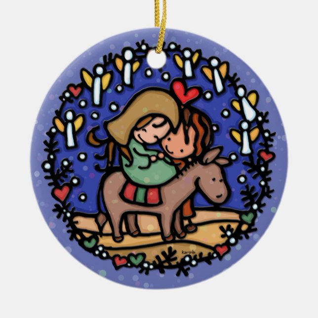 JulMary Joseph änglar som jublar BLÅTT Julgransprydnad Keramik (Framsidan)