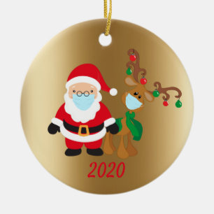 Julmask Santa och renar 2020 Guld Julgransprydnad Keramik