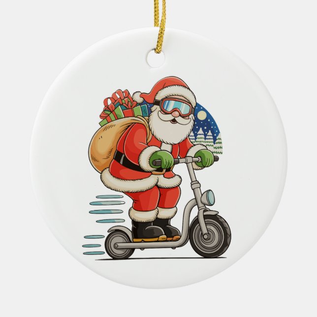Julmatchningsfamiljen Santa Riding Scooter Julgransprydnad Keramik (Framsidan)