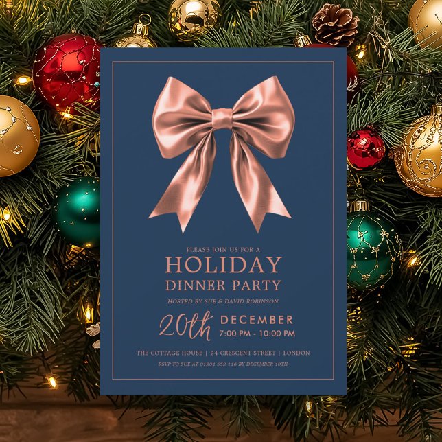 Julmiddag fest Roséguld Satinbåge Marinblå  Inbjudningar (Holiday Dinner Party Rose Gold Satin Bow Navy Invitation)