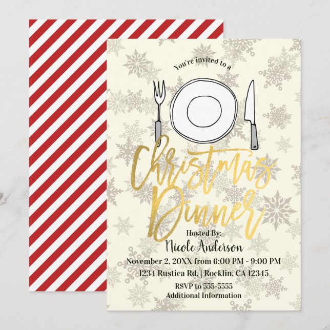 JULMIDDAG Julfest Cream Beige Ränder Inbjudningar (Fram/baksida)
