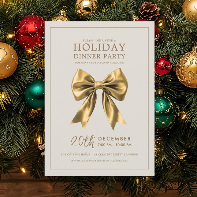 Julmiddag julfirande fest guldsatinsband inbjudningar (Christmas Holiday Dinner Party Gold Satin Bow Invitation)