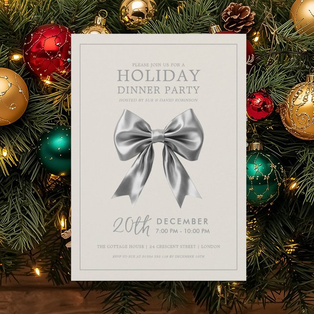 Julmiddag julfirande silver satin slinga inbjudningar (Christmas Holiday Dinner Party Silver Satin Bow Invitation)