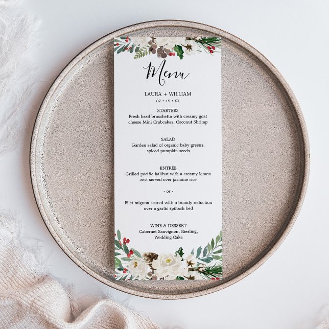Julmiddag med julholberryr och blommor meny (Holly Berries and Floral Wedding Christmas Dinner Menu)