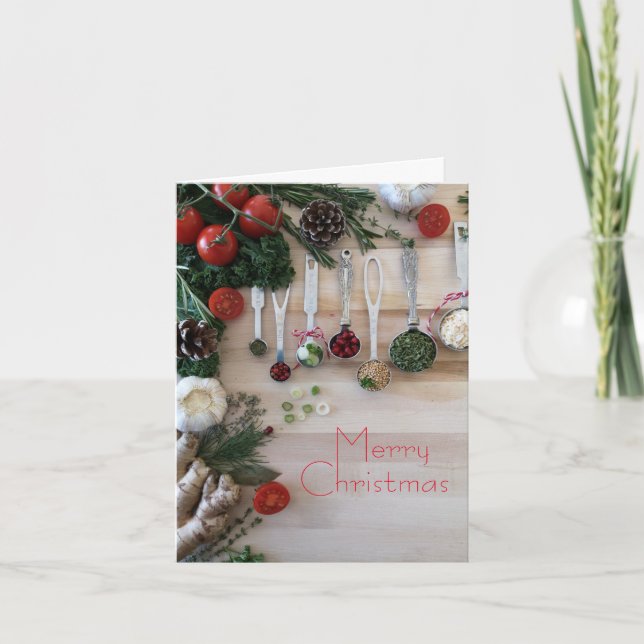 Julmiddag, örter, kryddor, tomater. helgkort (Framsida)