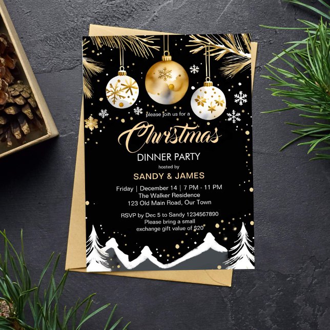 Julmiddag party guld och svarta balkar inbjudningar (Christmas dinner party chic elegant template invitation gold and black Christmas invitation)