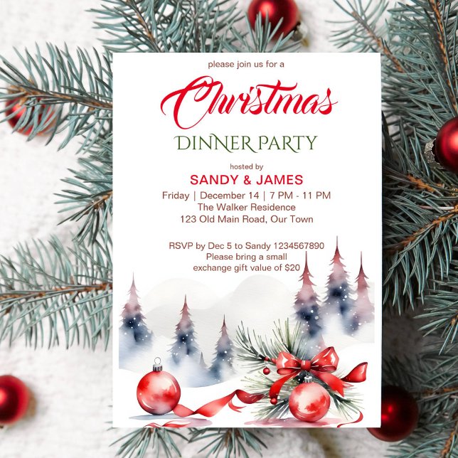Julmiddag, party, klassiskt rödbaubladubbsband inbjudningar (Classical Christmas dinner party template invitation instant download red baubles ribbon snowy pines)