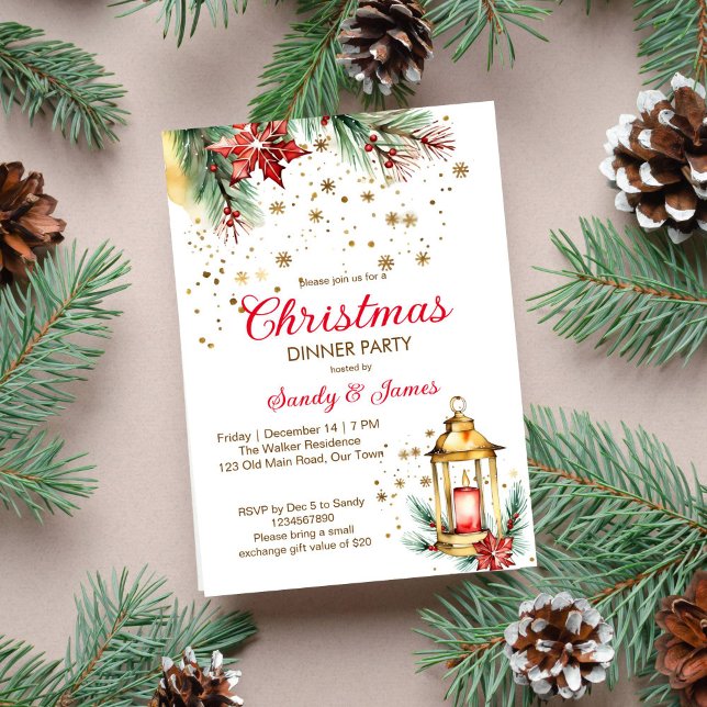 Julmiddag party lantern inbjudningar (Christmas dinner party template invitation digital download gold lantern pines gold snowflakes)