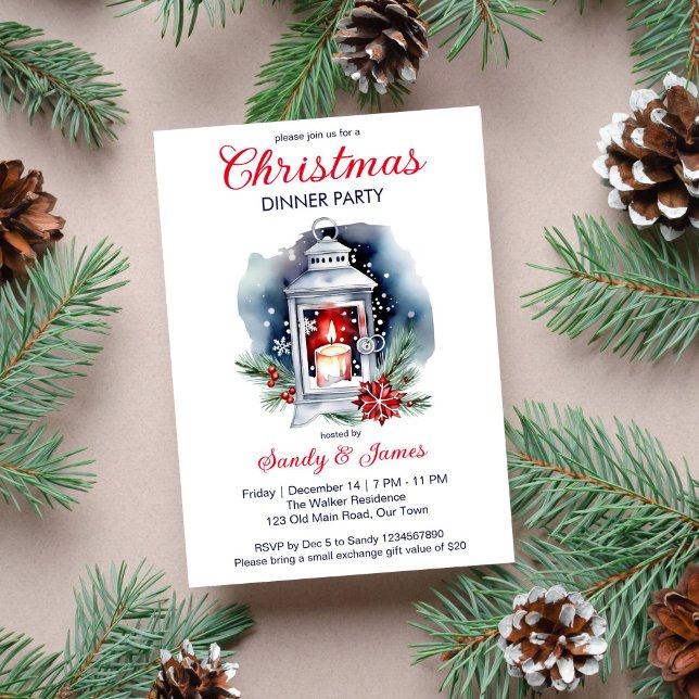Julmiddag party lantern poinsettia inbjudningar (Christmas dinner party classical template invitation Christmas lantern candle poinsettia snowflakes )