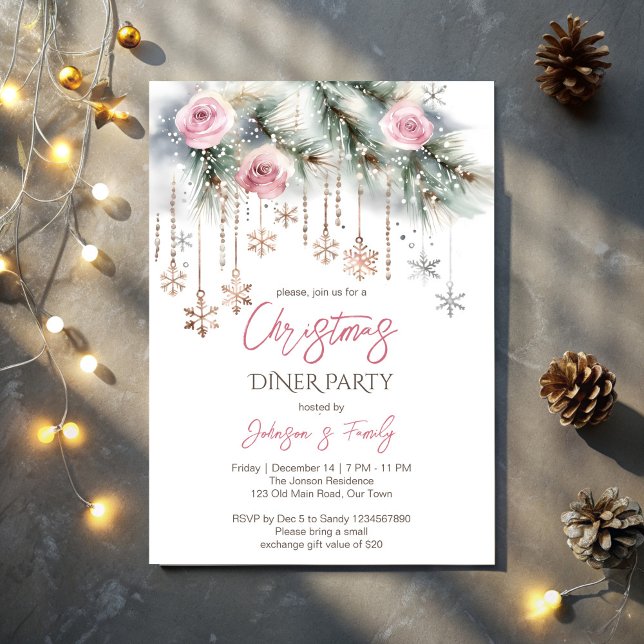 Julmiddag party pastel rosa ros guld inbjudningar (Christmas dinner party pastel pink rose gold invitation template snowflakes pines Christmas party)