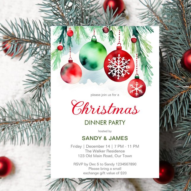 Julmiddag party röd grönt baubles inbjudningar (Christmas dinner party template invitation digital download classical red and green baubles pines)