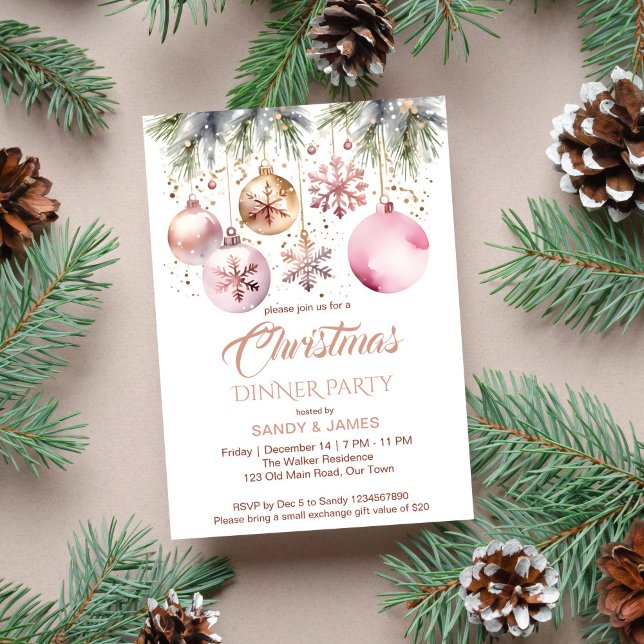 Julmiddagen party boho metalliskt vattenfärg inbjudningar (Boho Christmas party template invitation instant download metallic rose gold baubles snowflakes pine)