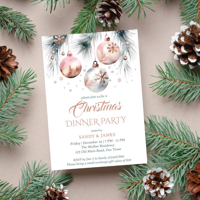 Julmiddagen party boho metalliskt vattenfärg inbjudningar (Boho Christmas dinner party template invitation instant download rose gold metallic silver snowflake)