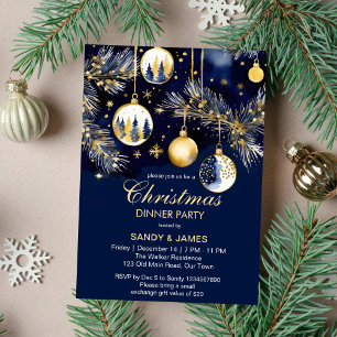 Julmiddagen party guld och marinblå balkar inbjudningar