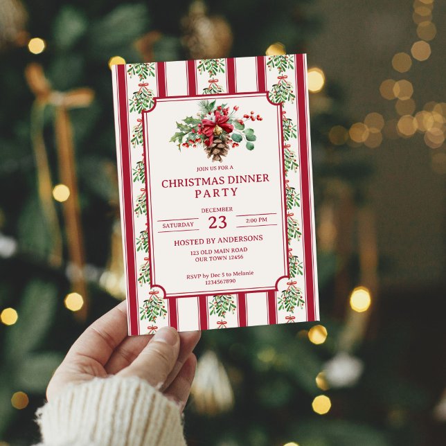 Julmiddagen party röd retro rand gräs-busken inbjudningar (Christmas dinner party red retro stripes pine winter greenery bow invitation cards template)