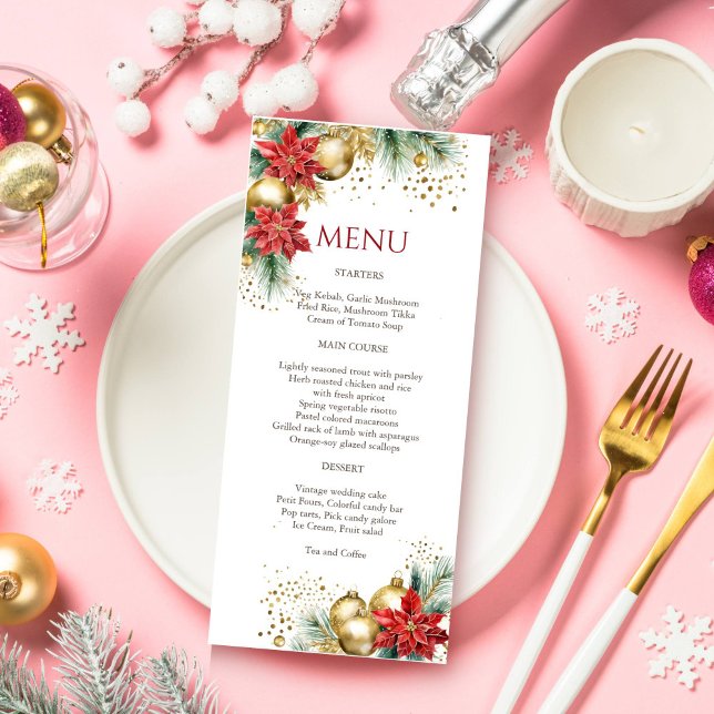 Julmiddagsfärgad guld poinsettia meny (Christmas dinner party template menu card watercolor red  poinsettia gold baubles elegant menu card)