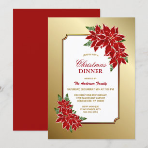 Julmiddagsinbjudan med röda julstjärnor och guldbå inbjudningar