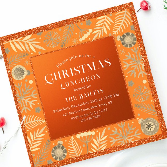 Julmiddagsinbjudan Orange Glitter Ornaments Inbjudningar (Skapare uppladdad)