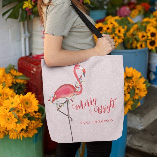 Julminimal Merry och Bright Tygkasse (Pink flamingo cute holiday tote bag with colorful string lights. )