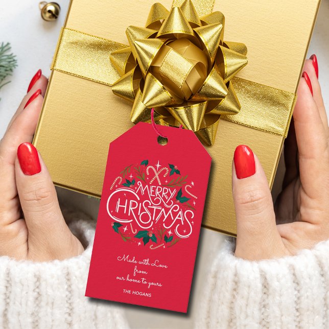 Julmistel Bär Hemlagad Mat Höjdbakning Presentetikett (Christmas "made with love" favor gift tags with holly, berries and candy canes on a red background)