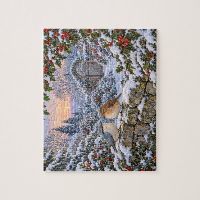Julmistel i snö Vinterfåglar Pussel (Vertikal)