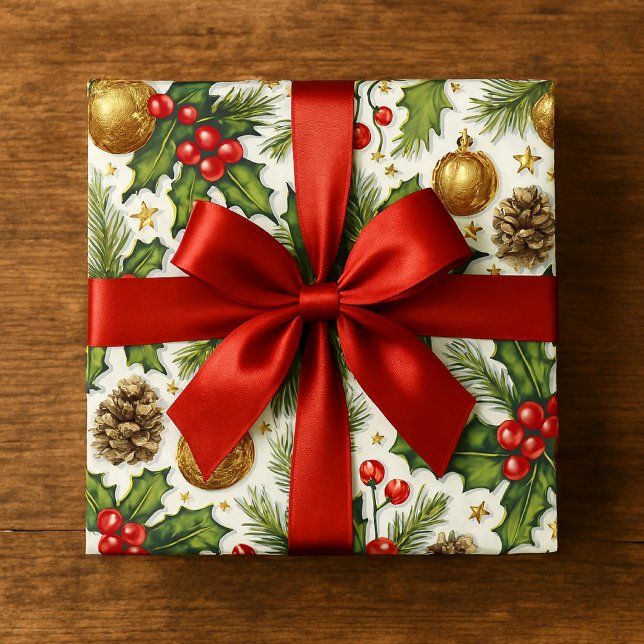Julmistelblad och röd slinga på vit bakgrund  presentpapper (Skapare uppladdad)