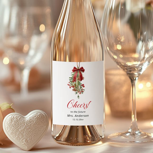 Julmisteltoe röd rosett bröllopsdusch vinflaska etikett (Skapare uppladdad)