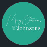 Julmodern Bright-Grönt-familj Runt Klistermärke<br><div class="desc">Detta är ett modernt God jul-mönster. Det är i en positiv grönt och vitt och har budskapet "God jul! från Johnsons". Perfekt för din julklapp, sändningstillbehör, kuvertsälar och fester gynnar sälar den här festsäsongen. Om du vill anpassa dig lägger du bara till ditt namn i textrutan Anpassa. Här kan du...</div>