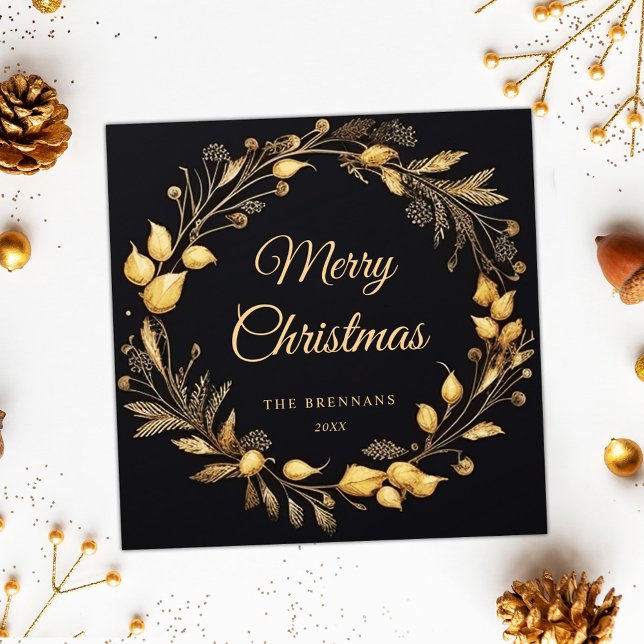 Julmodern Elegant, svart Guld, unikt ansikte Julkort (Christmas Modern Elegant Black Gold Unique Festive Holiday Card)