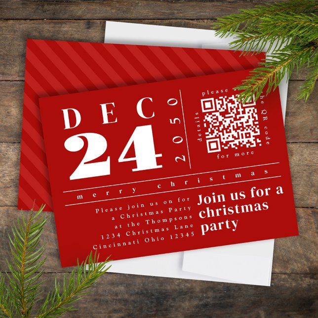 Julmodern enkel röd fet Rand QR-kod Inbjudningar (Christmas modern style simple red striped party invitation, )