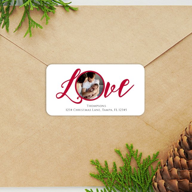 Julmodern fotokalligrafi - enkel cute adressetikett (Christmas photo typography "Love" wording return address label.)