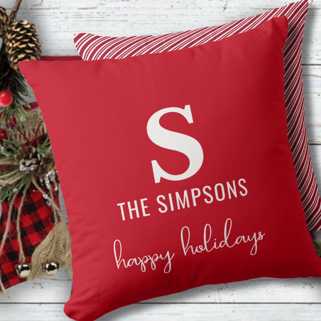 Julmodern monogram Red Stripe Festive Kudde (Skapare uppladdad)