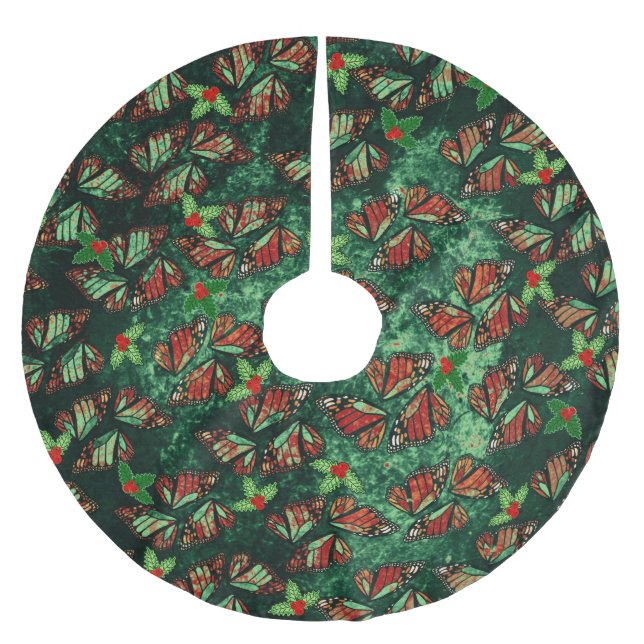 Julmonarkfjärilsvingar och järnekbär julgransmatta borstad polyester (Framsidan)