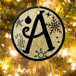 Julmonogram bokstav A Svart Guld Glitter Julgransprydnad Keramik