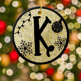 Julmonogram bokstav K Svart Guld Glitter Julgransprydnad Keramik