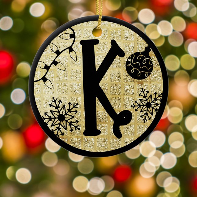 Julmonogram bokstav K Svart Guld Glitter Julgransprydnad Keramik (Skapare uppladdad)