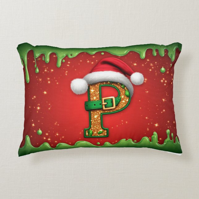 Julmonogram Bokstav P med Jultomte mössa Prydnadskudde (Framsidan)