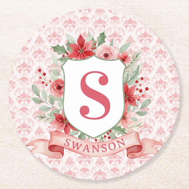Julmonogram Crest i Grandmillennial-stil Underlägg Papper Rund (Framsidan)