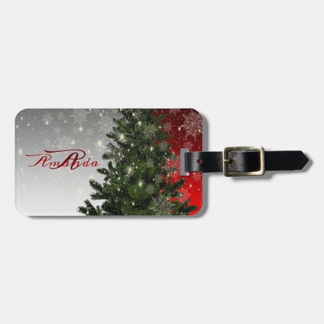 Julmonogram Grönt Träd Red Silver Snowflake Bagagebricka (Horisontell Framsida)