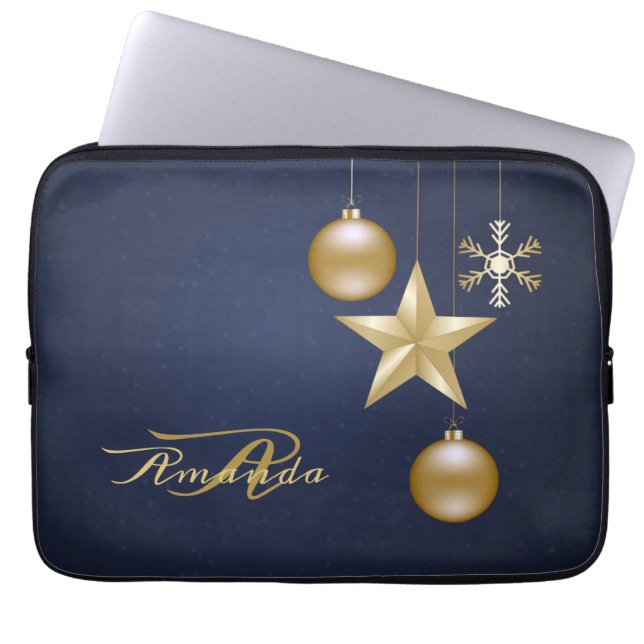 Julmonogram Guld Ornament Navyblå Laptop Fodral (Framsidan)