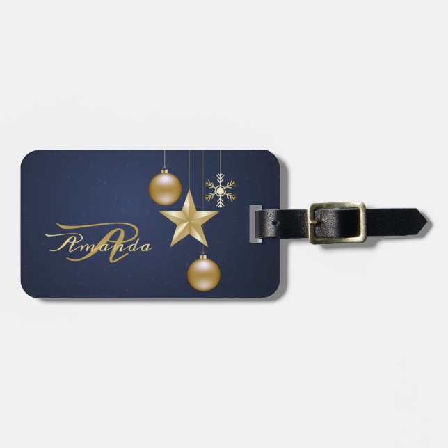 Julmonogram Guld Ornamentar Navyblå Bagagebricka (Horisontell Framsida)