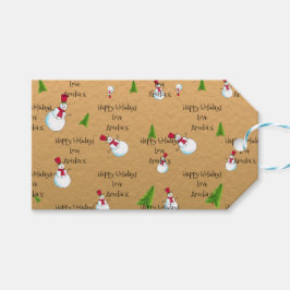 Julmonogram i guld snöman presentetikett