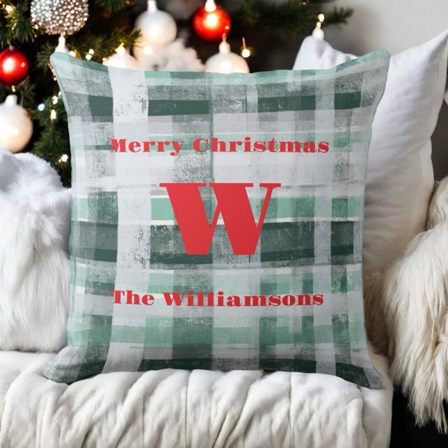Julmonogram plaid tartan grönt vit röd kudde (Skapare uppladdad)