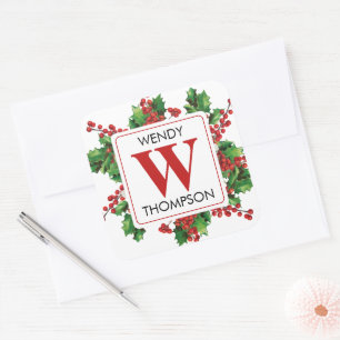 Julmonogram Red & Grönt Festive Fyrkantigt Klistermärke