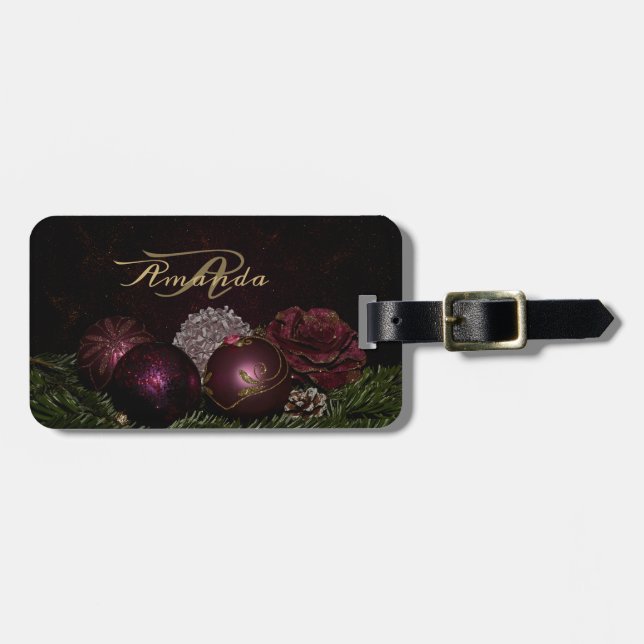 Julmonogram Rosa Prydnad Grön Svart Bagagebricka (Horisontell Framsida)