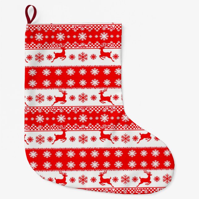 Julmönster med renar och snöflingor stor julstrumpa (Framsidan)