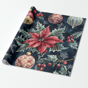Julmönster med röda julstjärnor i navy, rött och g presentpapper