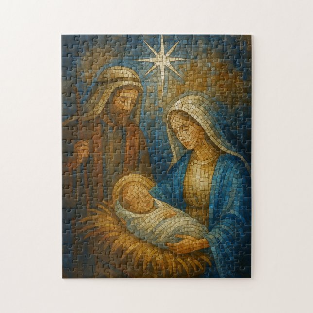 Julmosaik i glasfönsterstil | Den heliga familjen  Pussel (Vertikal)